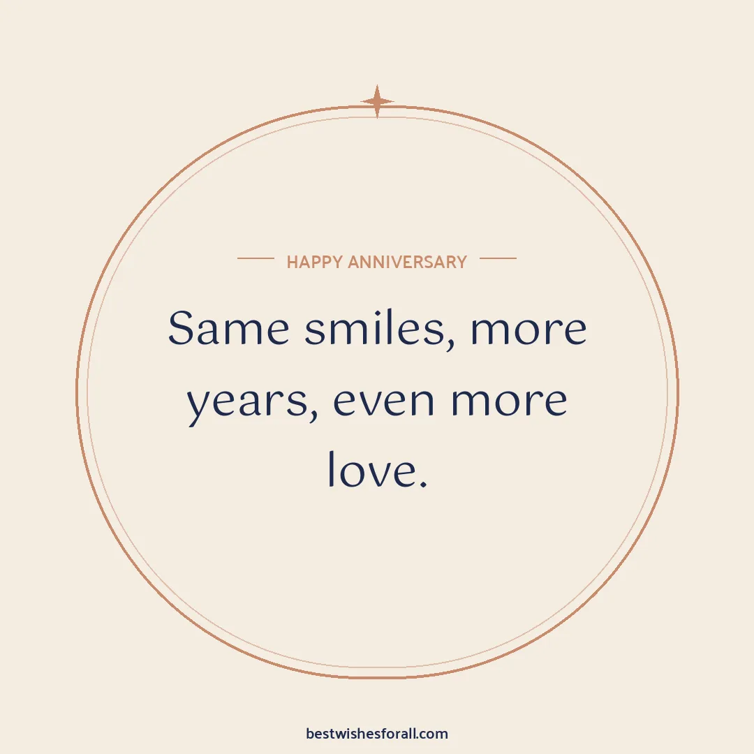 Short anniversary wishes image: Same smiles, more years, even more love.