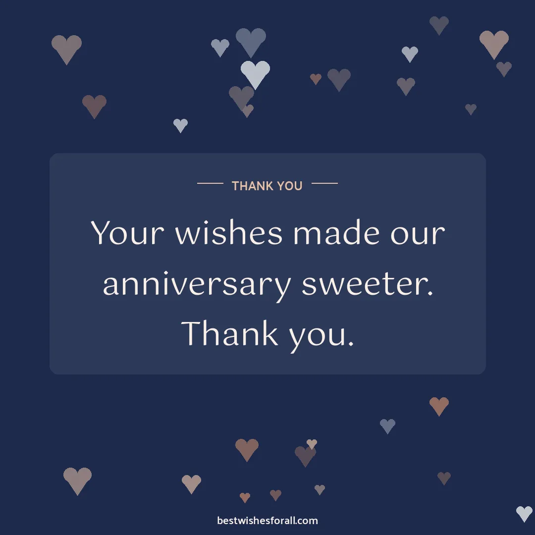 Thank you for anniversary wishes image: Your wishes made our anniversary sweeter. Thank you.